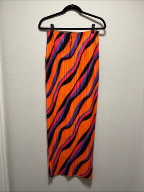 Vibrant Orange Wave-Print Pleated Maxi Skirt (NWT)